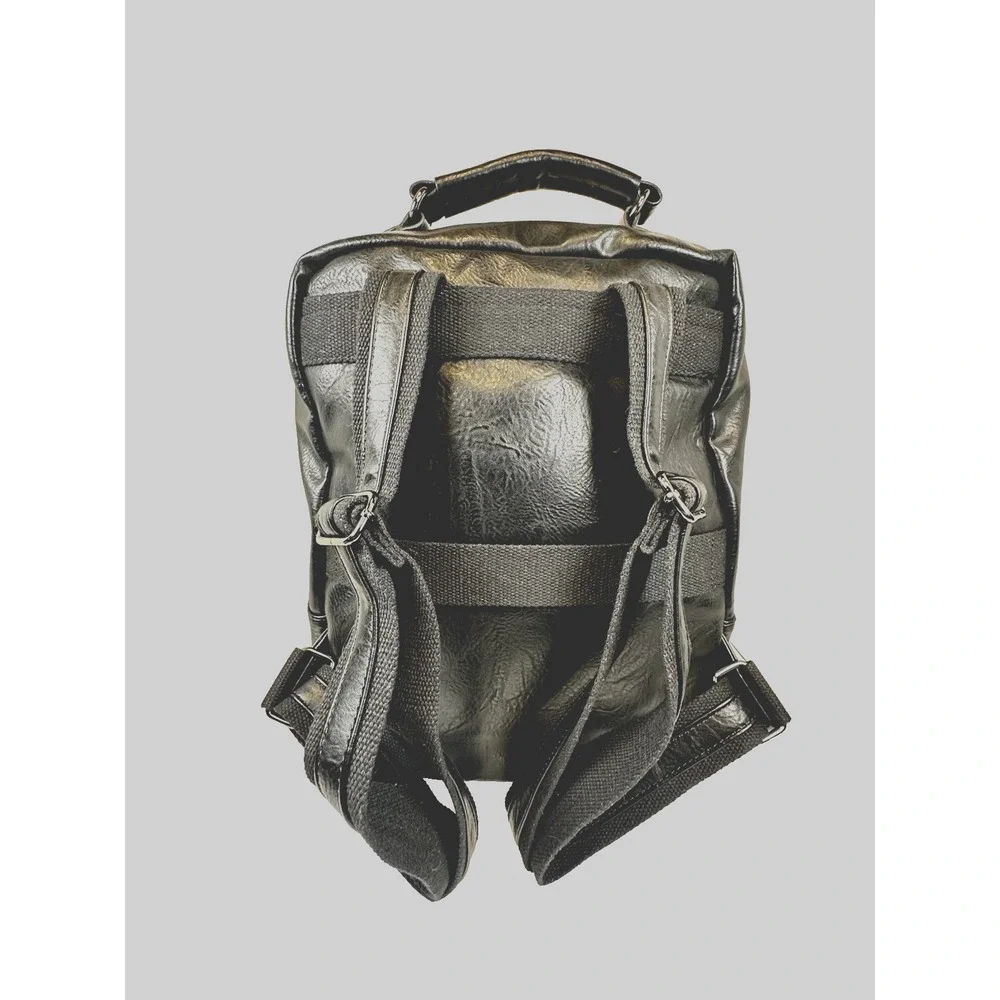 Black Faux Leather Backpack XL Multi Pocket Travel School Laptop Bag New